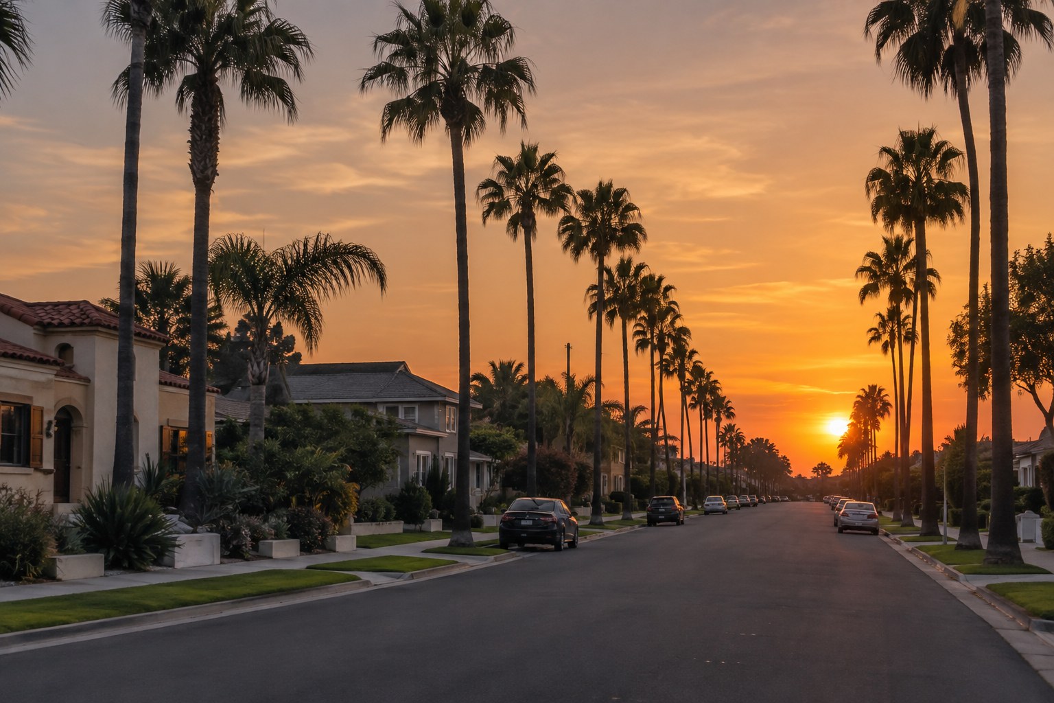A residential Long Beach area street at sunset, illustrative