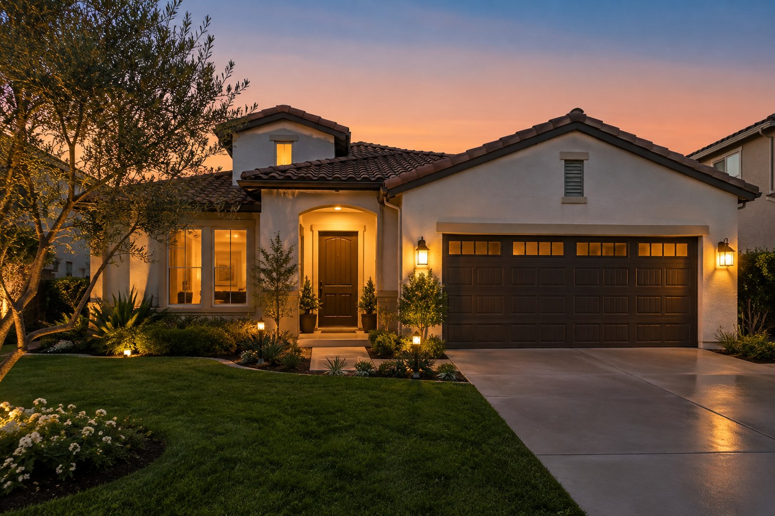 A Long Beach area home exterior at dusk, illustrative